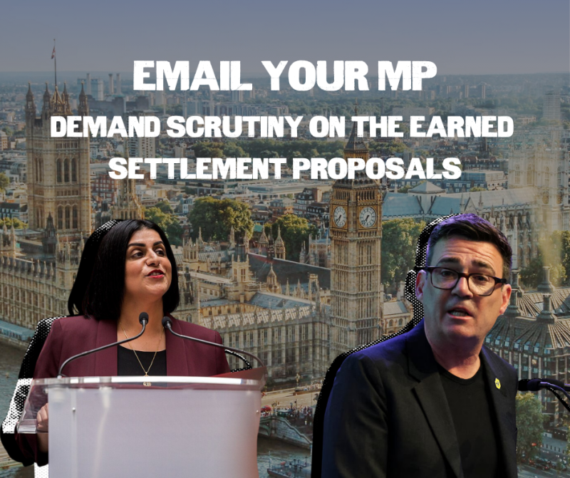 Background of Parliament overlaid with images of Shabana Mahmood and Andy Burnham with text saying 'Email your MP: Demand scrutiny on the earned settlement proposals'.